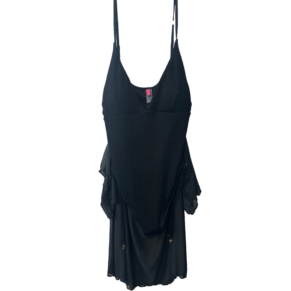 NWT Betsey Johnson Black Smocked 1-Piece Swimsuit & Kimono Set - Size 1X A50